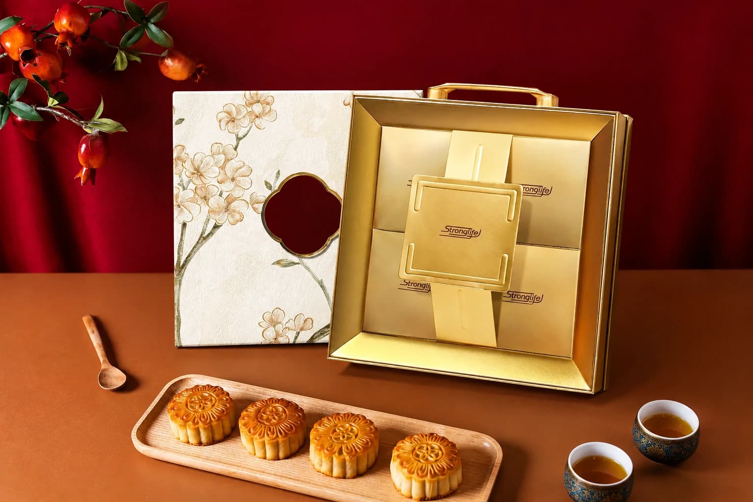 Hộp bánh trung thu thiết kế riêng Hoa Anh Đào Vàng